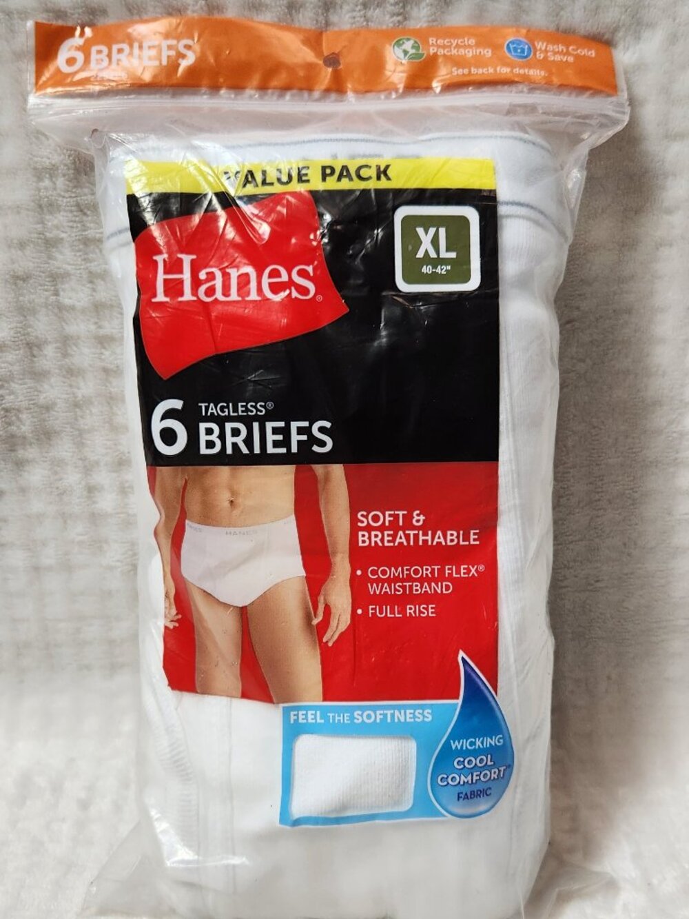 HANES Men's Tagless Full-Rise White Briefs - 6 Pack - XL - NEW